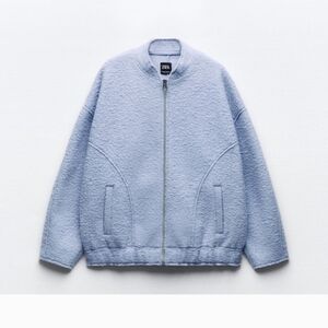 ZARA OVERSIZED BOUCLE BOMBER JACKET Light  Blue. Size Medium/Large